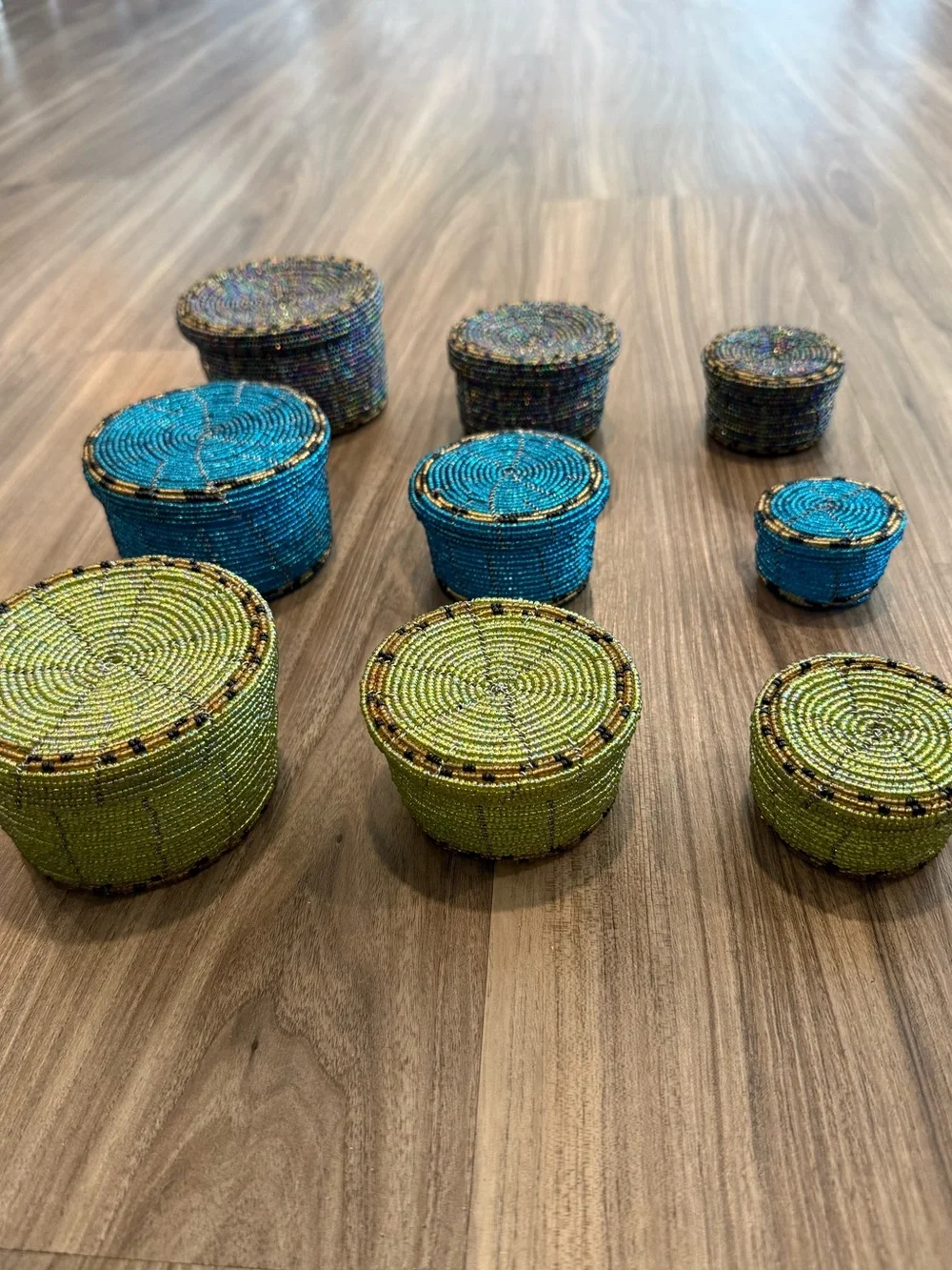 Handwoven Beaded Round Storage Boxes Set - Blue, Green & Multicolor